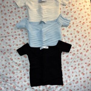 Bershka Ribbed Off The Shoulder Tees - White, Baby Blue, Black